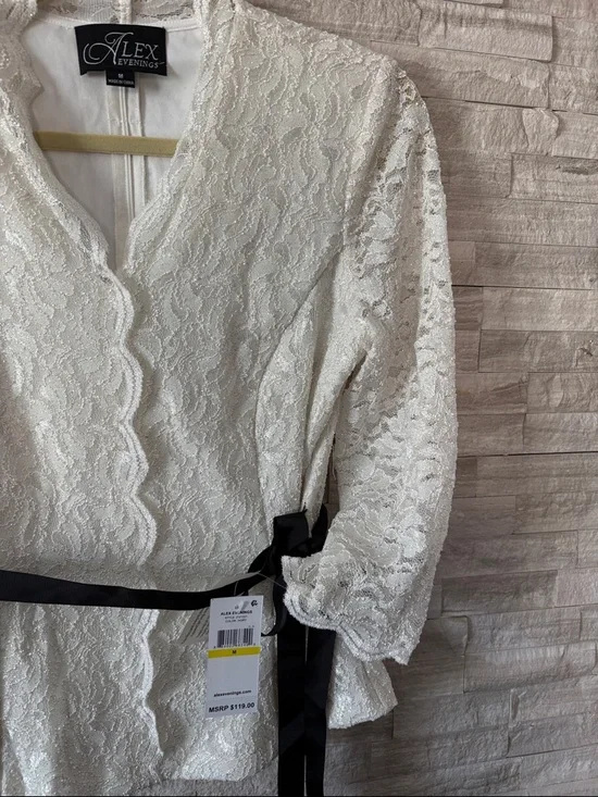 Alex Evenings Cream Lace Peplum Blouse with Black Ribbon - Picture 6 of 11